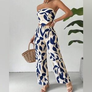 SHEIN Breezaya Women's Crop Tube Top & Wide Leg Pants Set Blue & White  Small